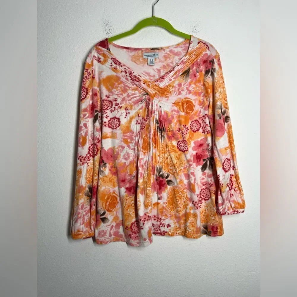 Caribbean Joe Womens 3/4 sleeve multicolor pleated floral blouse Size L